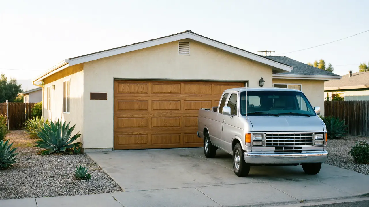 A light brown garage door is on a beige house with a silver truck in the driveway.
