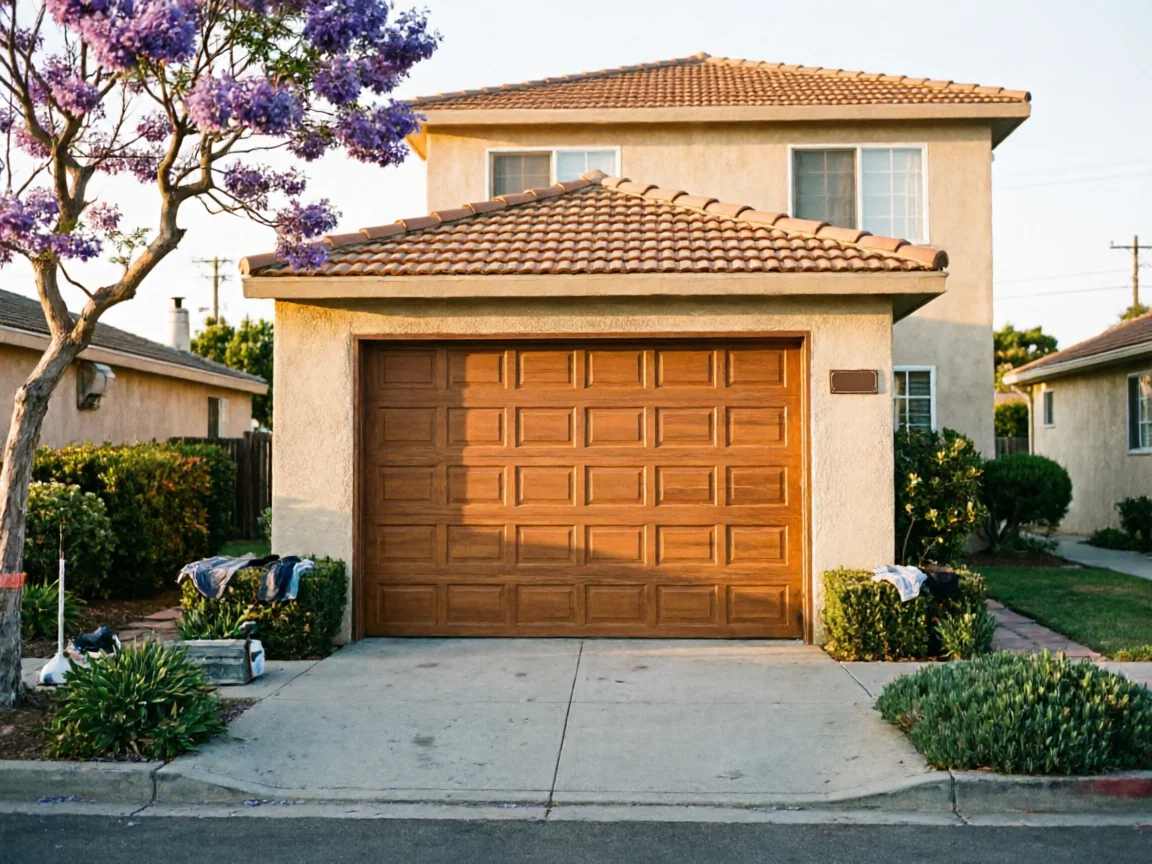 A brown paneled garage door on a house with a purple flowering tree.