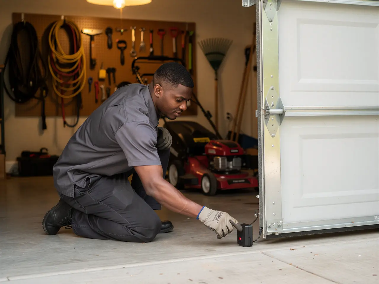 A technician kneels to adjust a garage door sensor.
