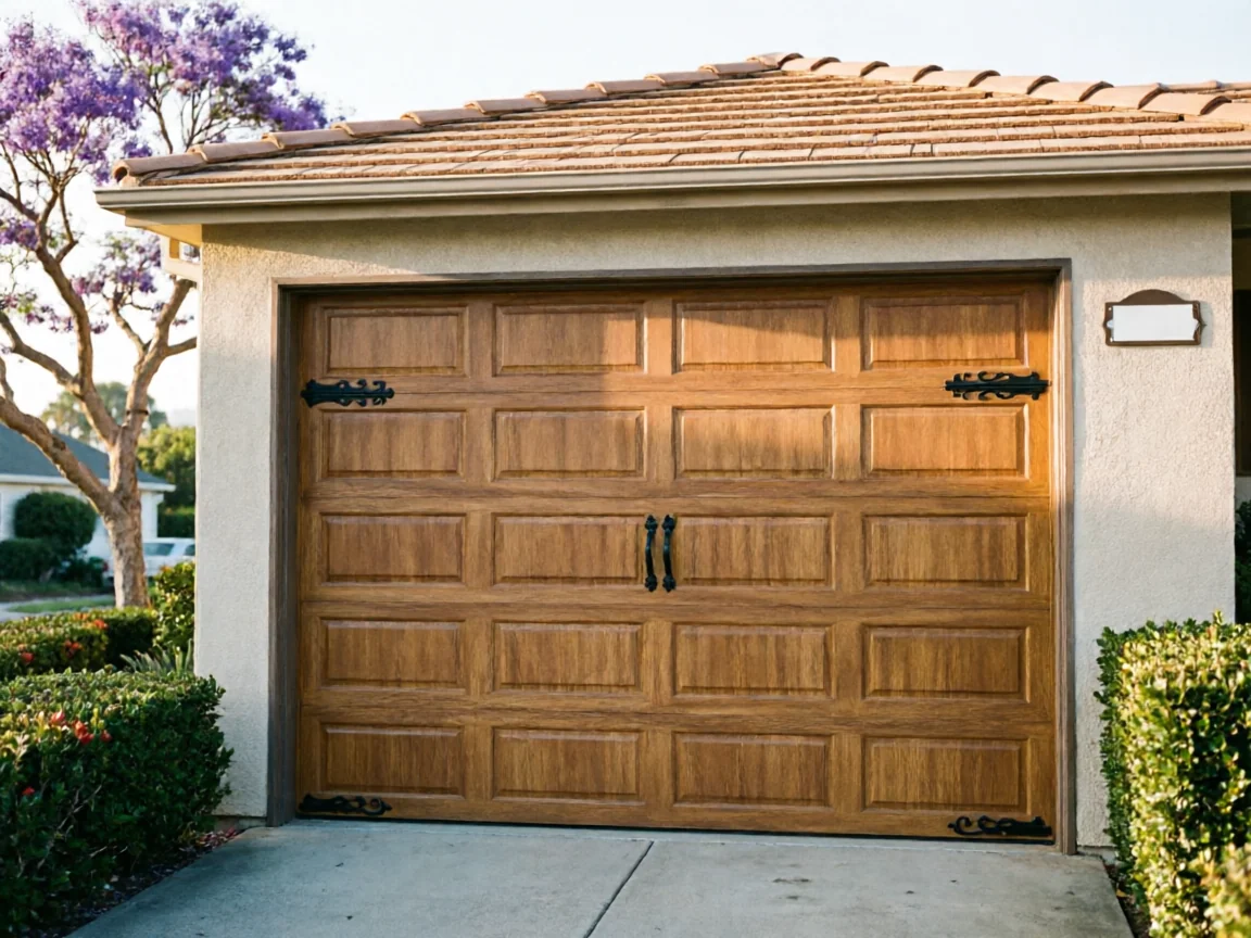 A brown wooden garage door with decorative black hardware on a house.